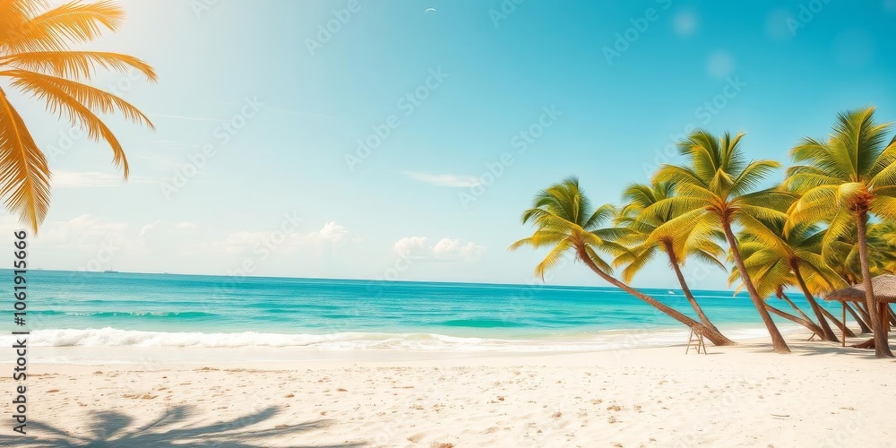 A vibrant tropical beach scene with crystal clear blue waters, white sandy shores, and lush green palm trees under a bright sunny sky, tropical, paradise A vibrant tropical beach scene with crystal clear blue waters, white sandy shores, and lush green palm trees under a bright sunny sky, tropical, paradise