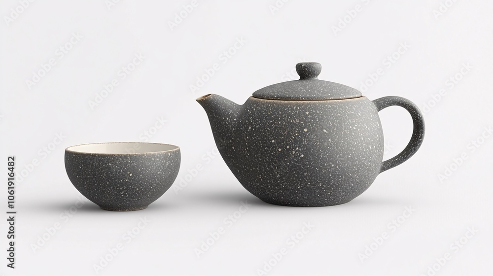 Grey Speckled Teapot and Cup Set on White Background Grey Speckled Teapot and Cup Set on White Background
