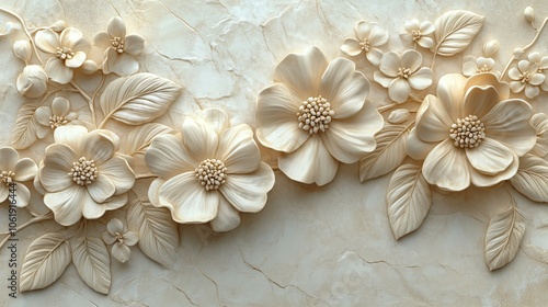 Elegant 3D floral design featuring intricate beige flowers and leaves on a textured background, demonstrating detailed craftsmanship and ornamental artistry