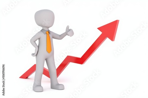 3d man red arrow success chart on white background.