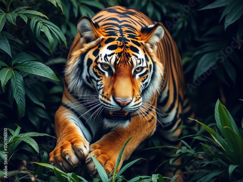 Close-up photo of a wild tiger hunting in its natural habitat, animal, beast