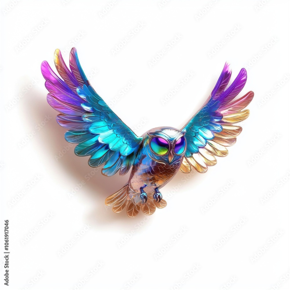 Fototapeta premium A vibrant, colorful owl with large wings, showcasing intricate patterns in purple and blue hues, set against a plain background.