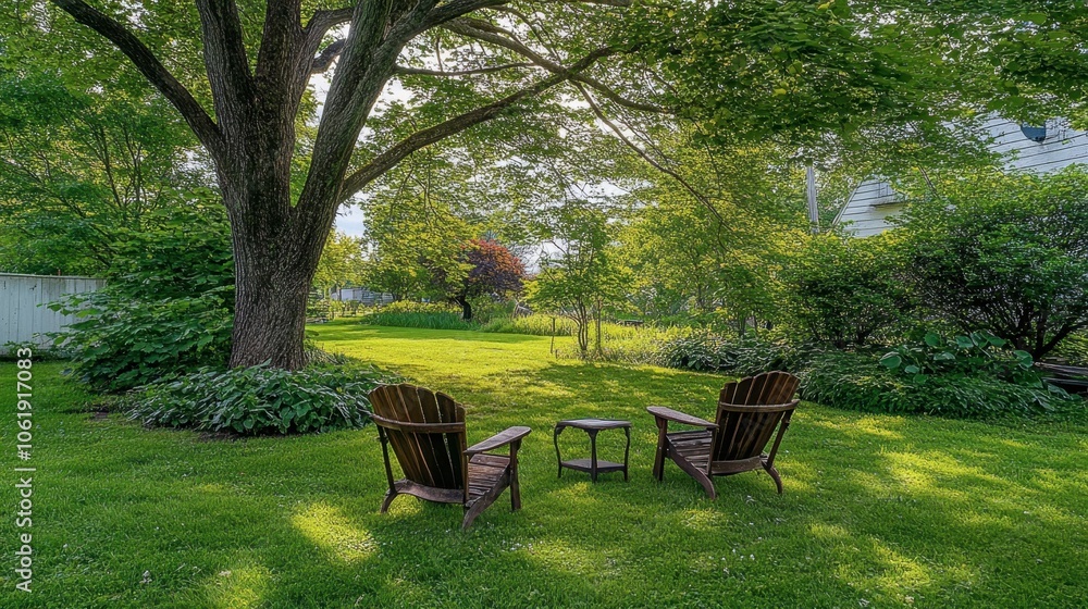 Serene Backyard Retreat with Chairs Under Trees Serene Backyard Retreat with Chairs Under Trees