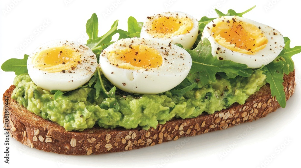Avocado Toast with Boiled Eggs and Arugula Garnish Avocado Toast with Boiled Eggs and Arugula Garnish