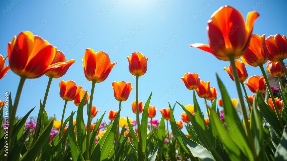A vibrant field of blooming tulips under a clear blue sky, symbolizing the beauty and freshness of spring, nature, botany A vibrant field of blooming tulips under a clear blue sky, symbolizing the beauty and freshness of spring, nature, botany