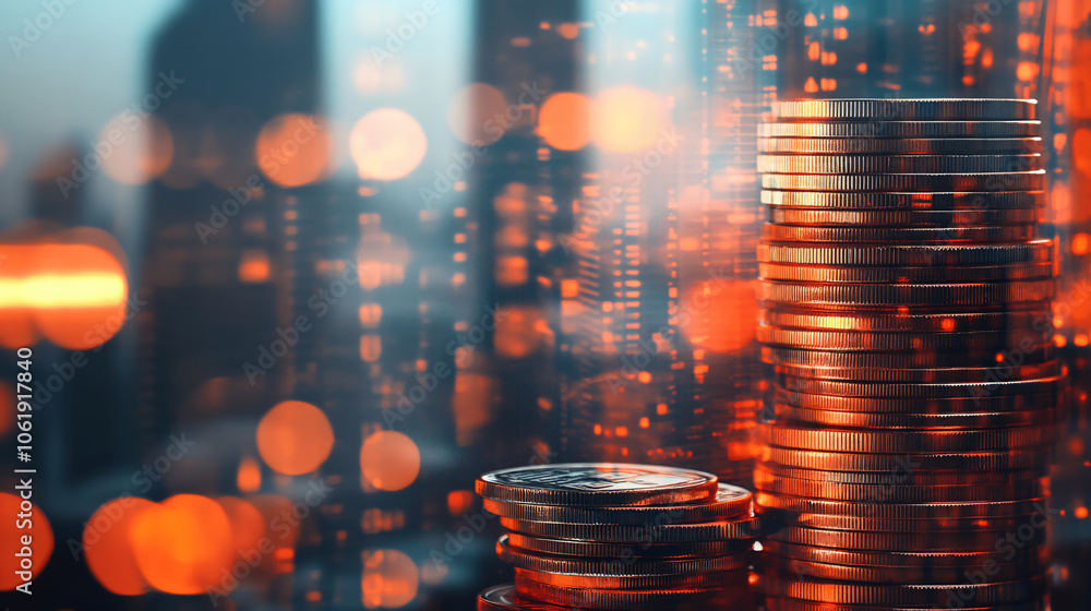 Stacks of gold coins against a city skyline at night, representing economic progress and success Stacks of gold coins against a city skyline at night, representing economic progress and success