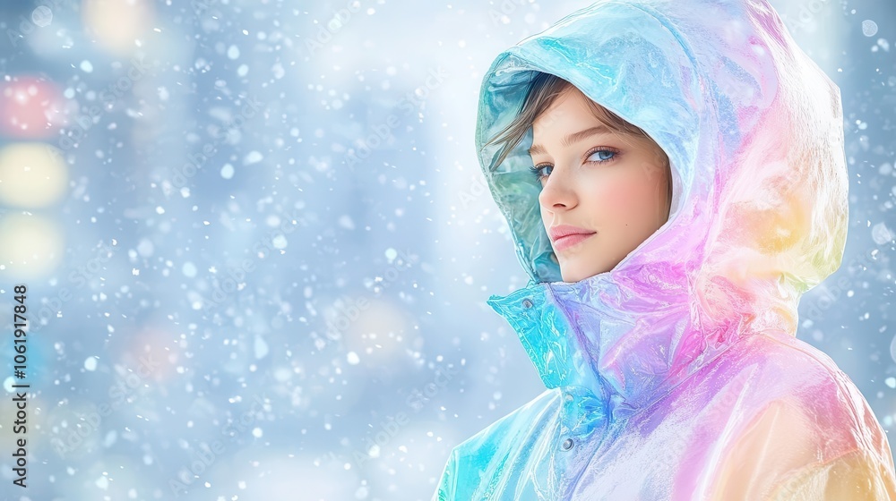 Futuristic model in a holographic winter coat that changes colors, shimmering with icy blues and purples, standing against a snow-dusted cityscape Futuristic model in a holographic winter coat that changes colors, shimmering with icy blues and purples, standing against a snow-dusted cityscape