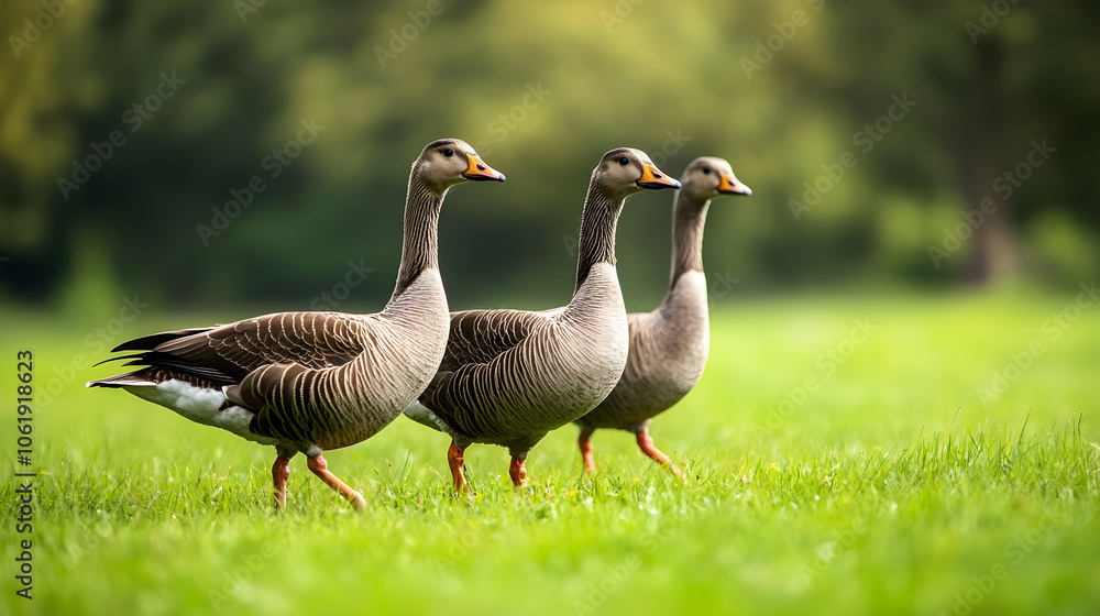 Geese walking gracefully in grassy field, enjoying nature beauty Geese walking gracefully in grassy field, enjoying nature beauty