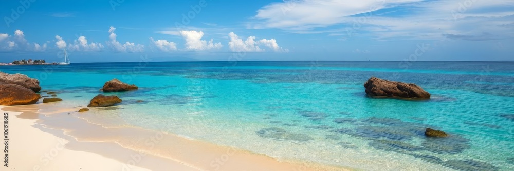 Beautiful ocean background with clear blue water, white sandy beach, and colorful coral reefs, summer, sandy beach Beautiful ocean background with clear blue water, white sandy beach, and colorful coral reefs, summer, sandy beach