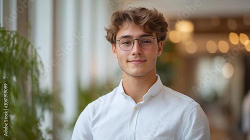 Young man with glasses smiles confidently at the camera.