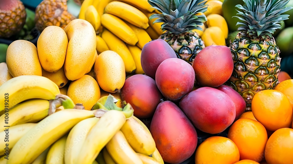 A tropical fruit market stall with a vibrant array of fruits including bananas, mangos, and pineapples A tropical fruit market stall with a vibrant array of fruits including bananas, mangos, and pineapples