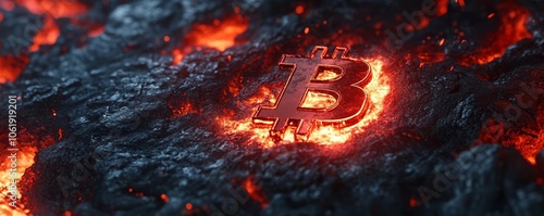 Digital Bitcoin logo on molten terrain, crypto currency, blockchain, futuristic finance photo