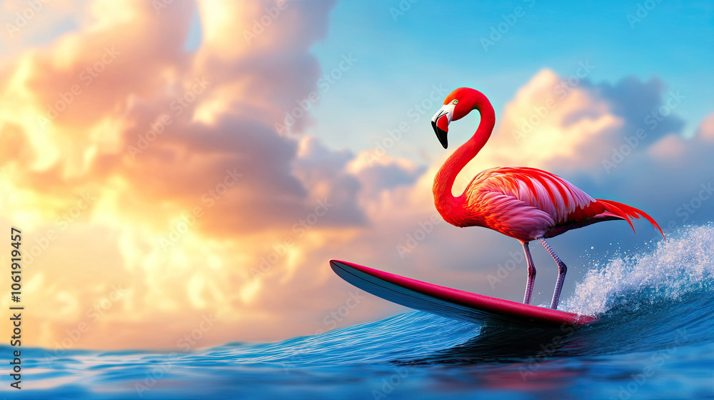 Fototapeta premium Flamingo surfing on a colorful wave during a vibrant sunset.