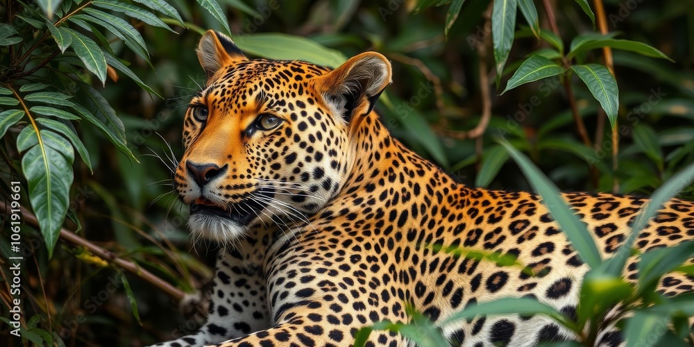 Naklejka premium Close-up photo of a wild leopard resting in its natural habitat, showcasing its beautiful fur pattern and piercing eyes, resting, habitat