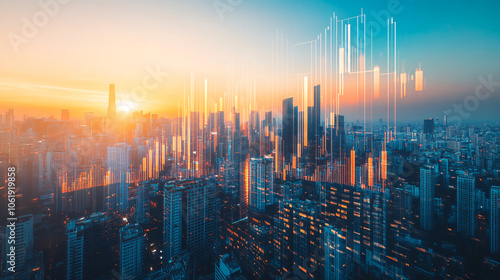 Sunset aerial cityscape with digital charts and graphs overlaying buildings, demonstrating financial growth