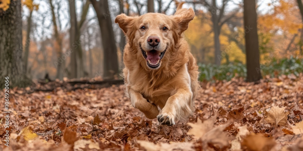 a happy golden retriever dog running through a colorful autumn forest a happy golden retriever dog running through a colorful autumn forest