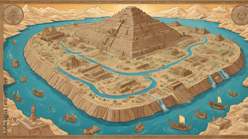An ancient map of Mesopotamia featuring rivers, ziggurats, cities, and ...