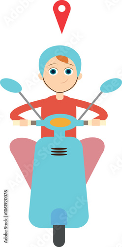 delivery man on a scooter goes on a trip, deliver a parcel, geolocation, happy character