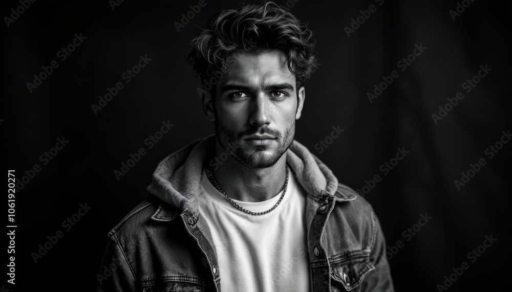 Thoughtful Portrait of Man in Denim Jacket and T-Shirt Thoughtful Portrait of Man in Denim Jacket and T-Shirt