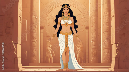 Mesopotamian mythological deity Ishtar standing in a temple, with ancient carvings and symbols surrounding her, creating a mystical atmosphere. photo