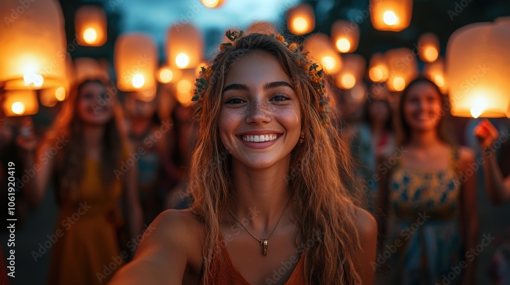 A young woman with a joyful smile takes a selfie surrounded by glowing lanterns and friends at an outdoor festival during dusk. A young woman with a joyful smile takes a selfie surrounded by glowing lanterns and friends at an outdoor festival during dusk.