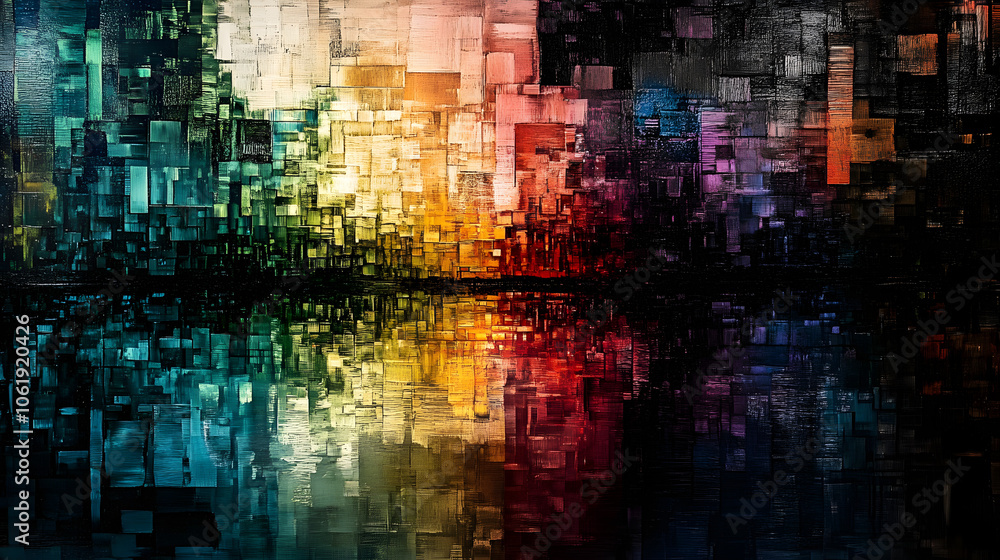Nighttime abstract cityscape with reflective surfaces. Nighttime abstract cityscape with reflective surfaces.