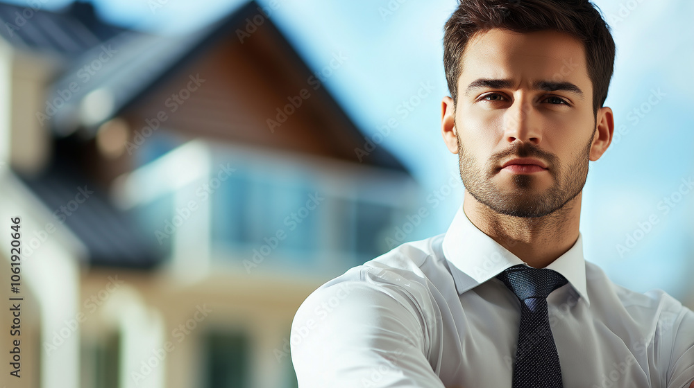 Obraz premium Real estate agent outside house 