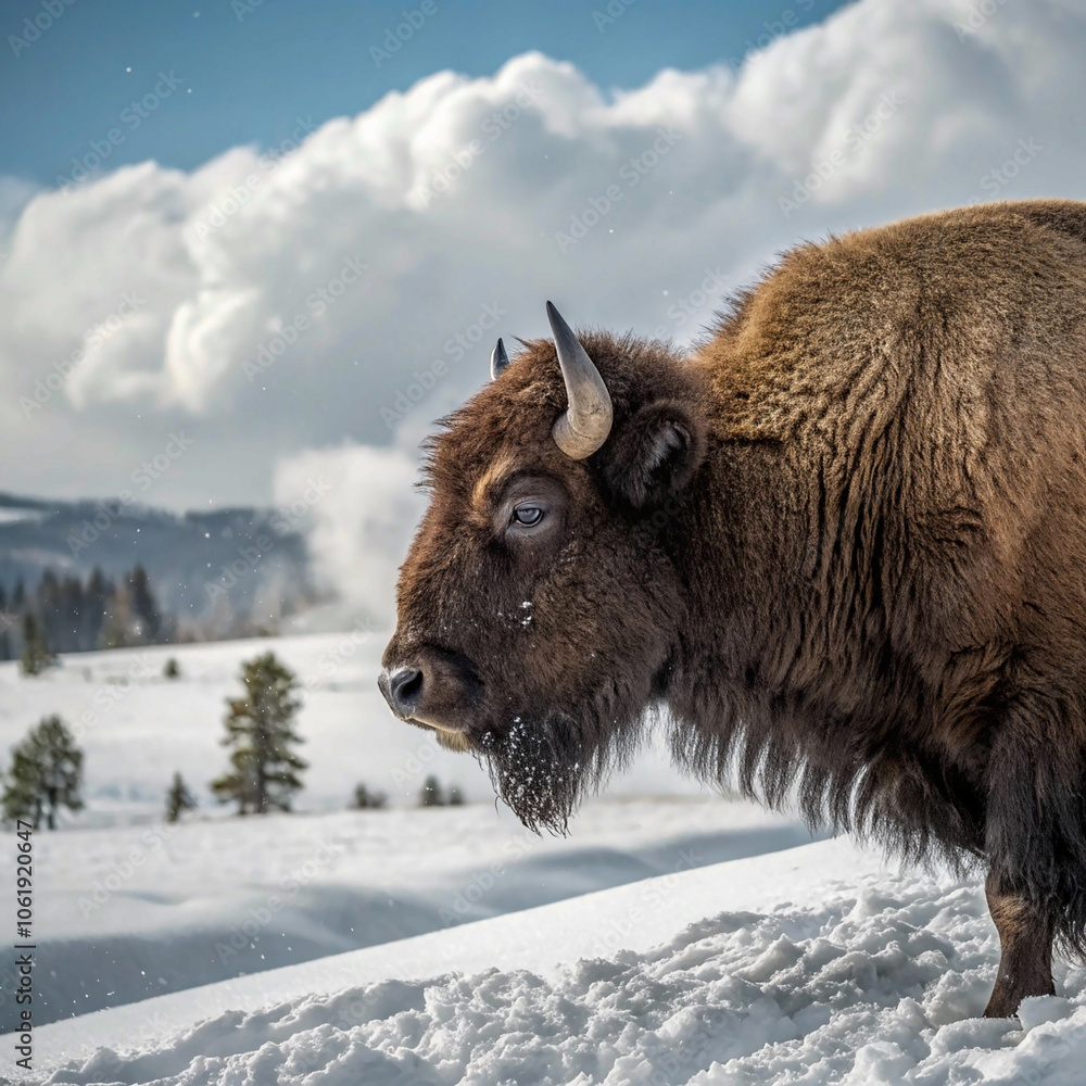 Closeup solitary bison stands resilient against the winter chill, its thick fur dusted with snowflakes. Closeup solitary bison stands resilient against the winter chill, its thick fur dusted with snowflakes.