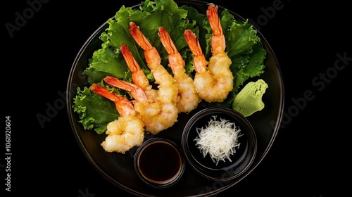 Crispy tempura shrimp and vegetables arranged elegantly on a plate lined with bamboo leaves, with a small dipping bowl of tentsuyu sauce and grated daikon on the side. photo