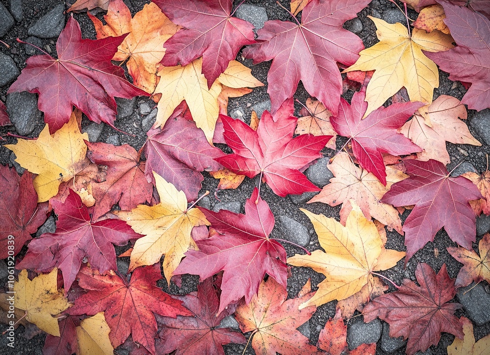 Obraz premium A close-up view of fallen autumn leaves in shades of red, orange, and yellow, on a bed of gray gravel.