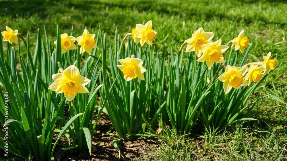 Fresh green grass and vibrant yellow daffodils blooming under the warm spring sunshine, season, nature Fresh green grass and vibrant yellow daffodils blooming under the warm spring sunshine, season, nature