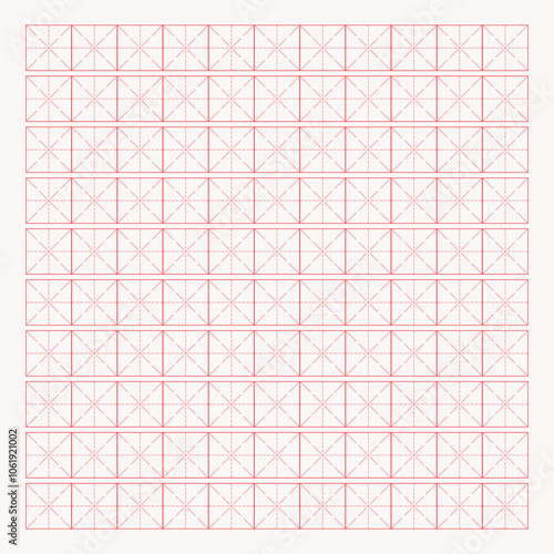 Workbook for writing hieroglyphs. Lined paper for printing. Geometric pattern for school. Realistic lined paper. Simulator for writing Chinese characters. Page of calligraphy exercises. Graph paper