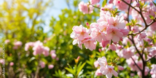 Fresh pink cherry blossoms blooming in a lush green garden, symbolizing beauty and renewal, growth, pink