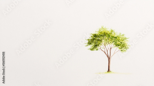 A delicate watercolor image showcasing a lone tree with lush green foliage on a pure white canvas. The tree branches extend outward in a gentle arc, while the brown trunk features fine, realistic photo