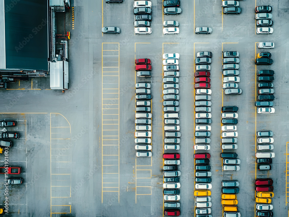 Aerial view of new cars stock at a large factory parking lot. Automotive industry, logistics operations, and vehicle storage for import and export. Key role in the global car market supply chain. Aerial view of new cars stock at a large factory parking lot. Automotive industry, logistics operations, and vehicle storage for import and export. Key role in the global car market supply chain.
