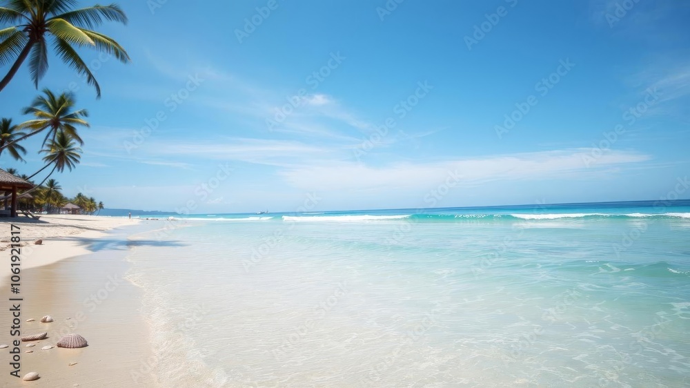 Beautiful sandy beach with crystal clear blue waters and palm trees lining the shore, vacation, serene Beautiful sandy beach with crystal clear blue waters and palm trees lining the shore, vacation, serene