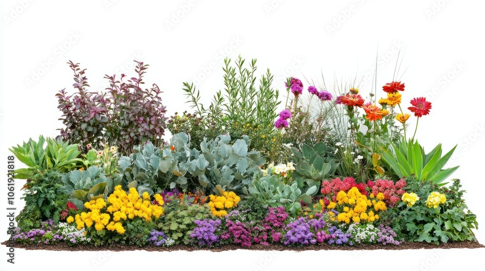 Fototapeta premium Isolated flower garden with mixed colors and green foliage on a white background