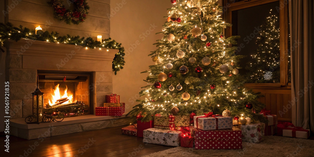 christmas tree in front of fireplace warmly lit living room adorned with a festive Christmas tree and a glowing fireplace, evoking the spirit of the holiday season. christmas tree in front of fireplace warmly lit living room adorned with a festive Christmas tree and a glowing fireplace, evoking the spirit of the holiday season.