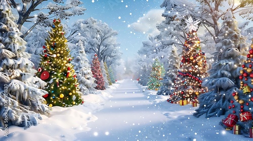 Vibrant Christmas tree farm covered in fresh snow, with rows of decorated trees under a clear winter sky