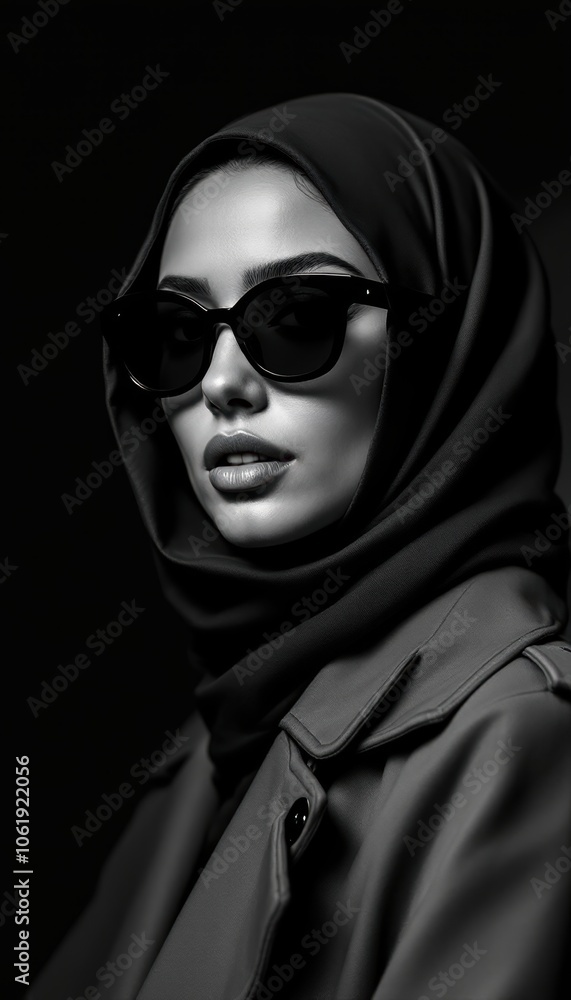 Stylish Portrait of Woman in Hijab, Sunglasses, and Trench Coat Stylish Portrait of Woman in Hijab, Sunglasses, and Trench Coat
