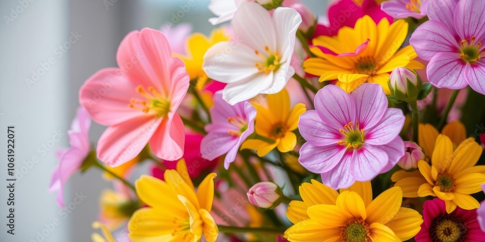 Close-up shot of a vibrant bouquet of assorted flowers in full bloom, decoration, blooming Close-up shot of a vibrant bouquet of assorted flowers in full bloom, decoration, blooming