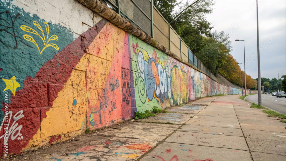 Fototapeta premium vibrant display of street art adorning an urban wall, splashes of paint extending to the sidewalk.