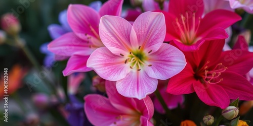 Close-up photo of colorful flowers in full bloom with soft focus background, garden, pollen