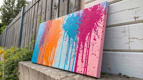 vibrant splash of colors on canvas against a rustic wooden backdrop. An explosion of artistic expression brightens up the outdoor space.