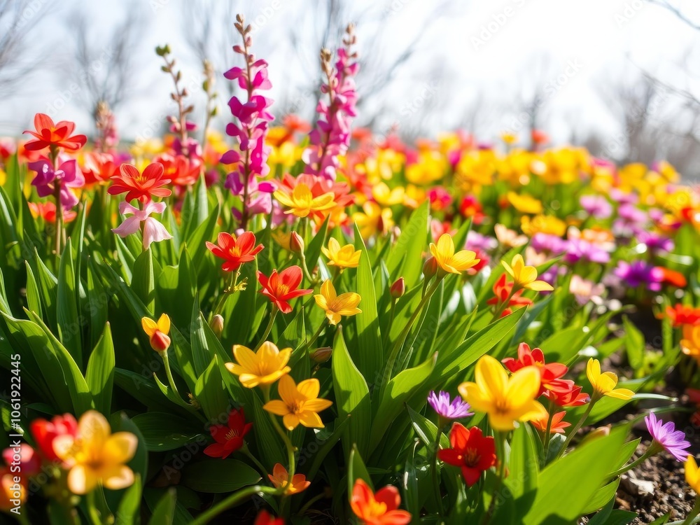 Fresh green leaves and vibrant flowers blooming in a sunny garden, bloom, natural beauty Fresh green leaves and vibrant flowers blooming in a sunny garden, bloom, natural beauty