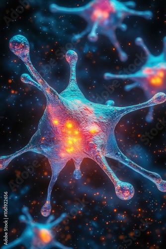 Intricate Atomic Structure vs Dynamic Cellular Complexity: A Visual Comparison of Nature's Building Blocks.