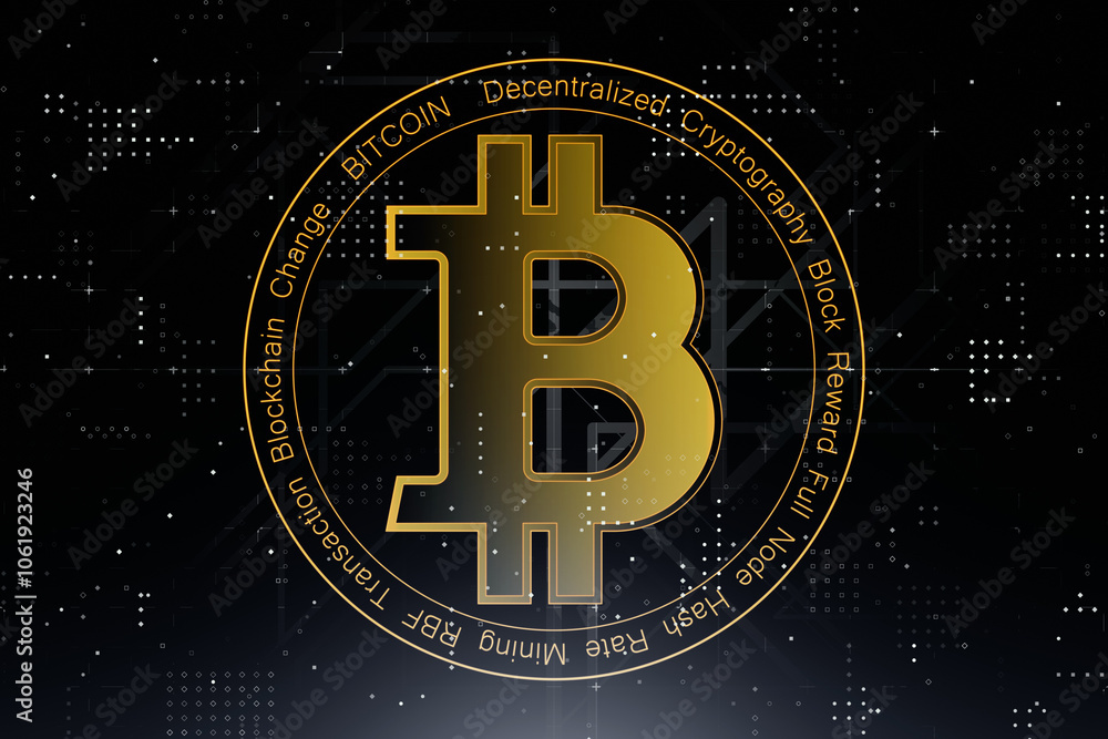 Digital money and crypto currency concept with golden bitcoin icon on dark technological background. 3D rendering Digital money and crypto currency concept with golden bitcoin icon on dark technological background. 3D rendering