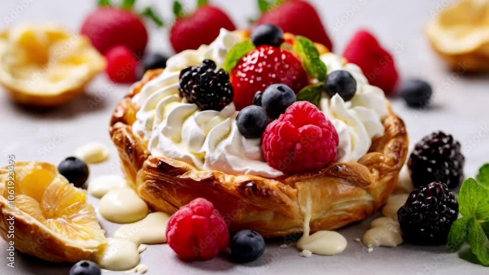 Baked Danish Pastry with cream and fruit Baked Danish Pastry with cream and fruit