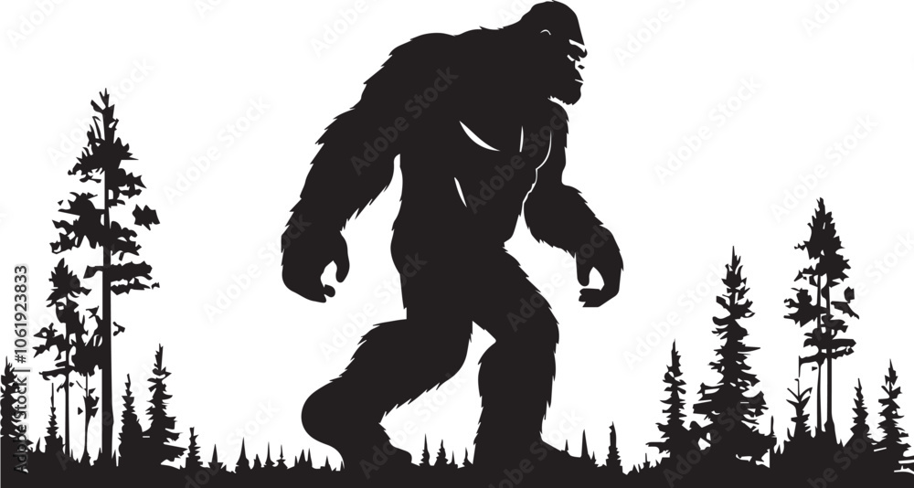 Fototapeta premium Giant Bigfoot Silhouette Strolling Through a Dense Forest – Mythical Creature Artwork.