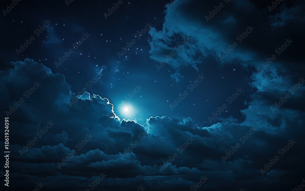 Dramatic night sky with moon and stars shining through clouds. Dramatic night sky with moon and stars shining through clouds.